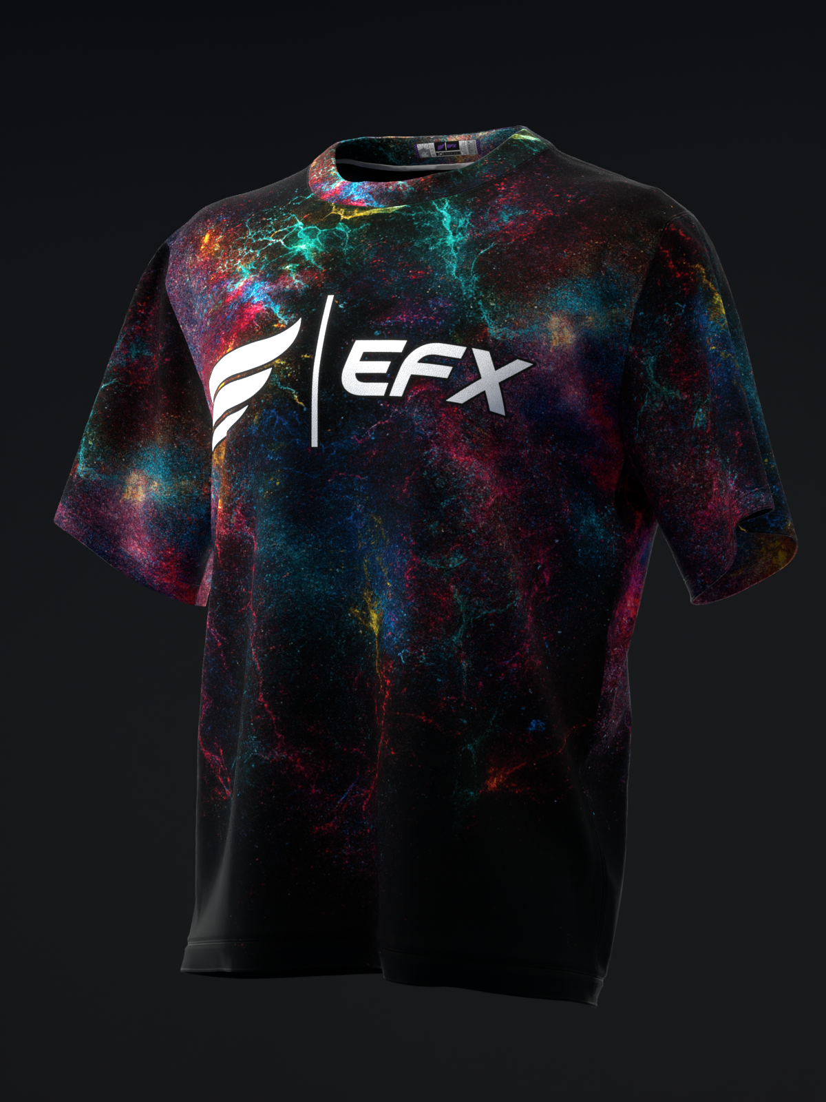 Black bowling jersey with multicolor galaxy splatter pattern and EFX logo
