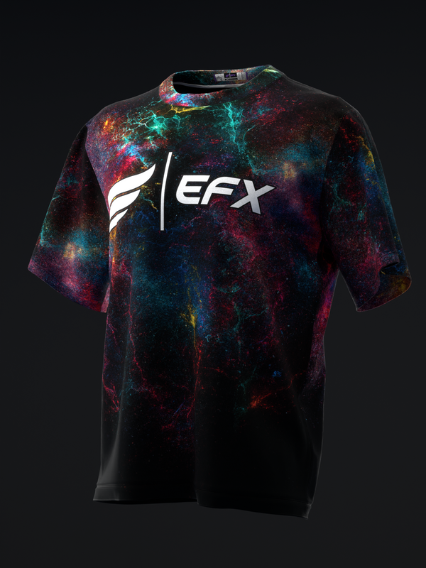 Black bowling jersey with multicolor galaxy splatter pattern and EFX logo
