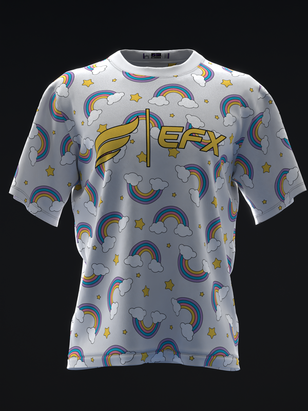 Gray bowling jersey with rainbows, clouds, stars, and EFX logo print
