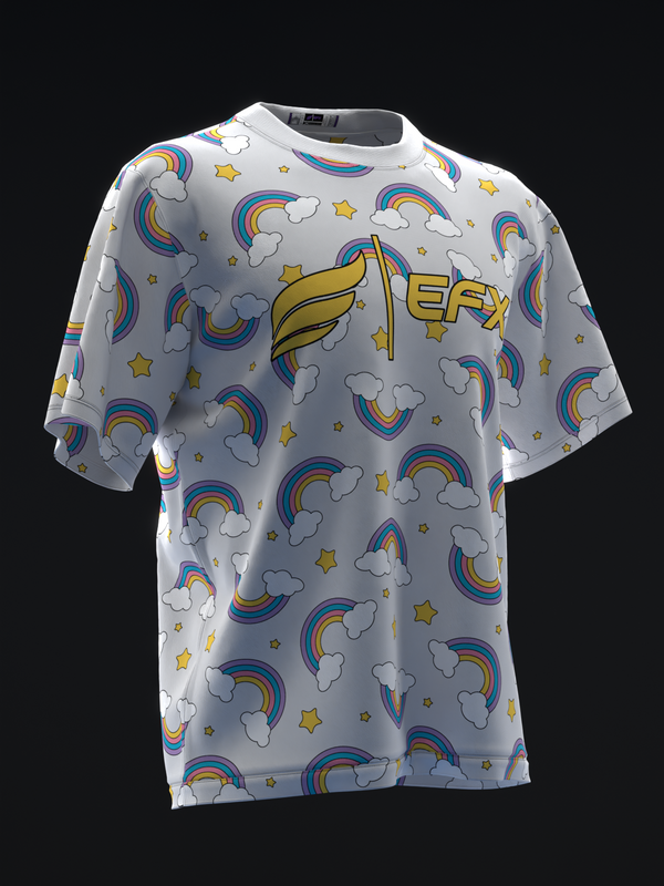 Gray bowling jersey with rainbow, cloud, and star print, front view displayed