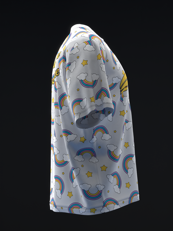 Gray bowling jersey with rainbow, cloud, and star print, side view