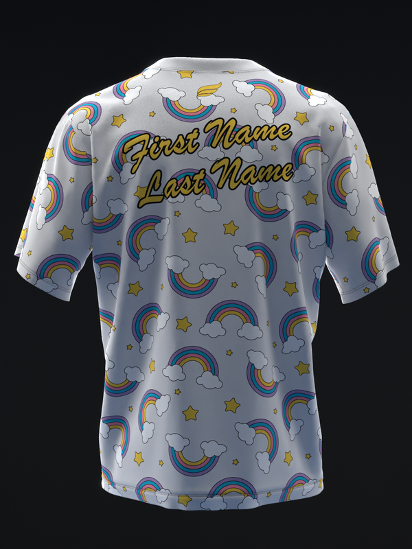 Gray bowling jersey with rainbow, cloud, and star pattern, back view with personalization