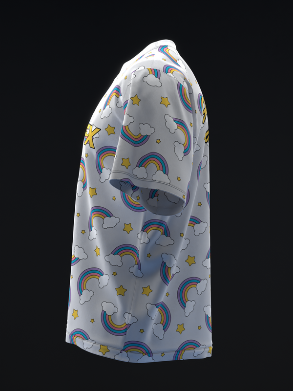 Gray bowling jersey with rainbow clouds and gold stars pattern, side view