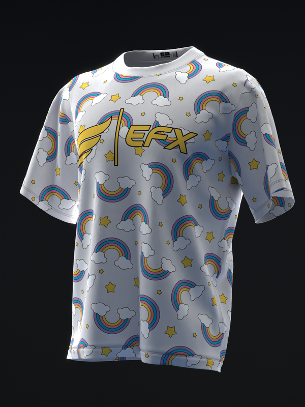 Gray bowling jersey with rainbows, clouds, stars, and EFX text