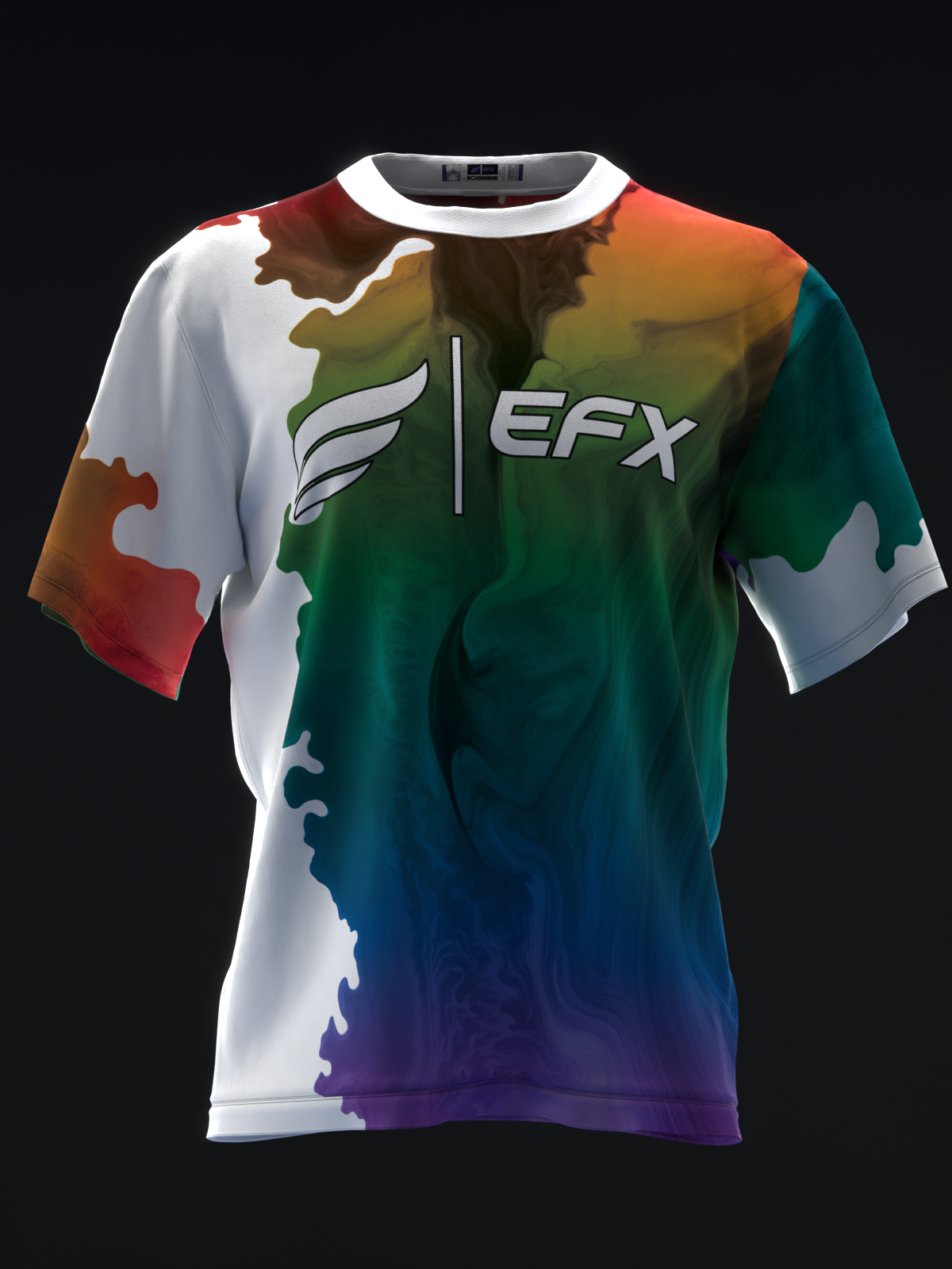 Front view of bowling jersey with rainbow gradient and white colorblock design with EFX logo