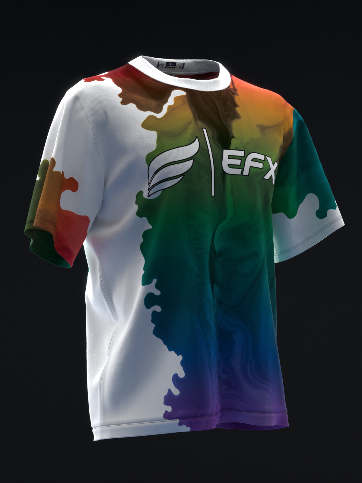EFX bowling jersey with rainbow watercolor design and white winged logo on front