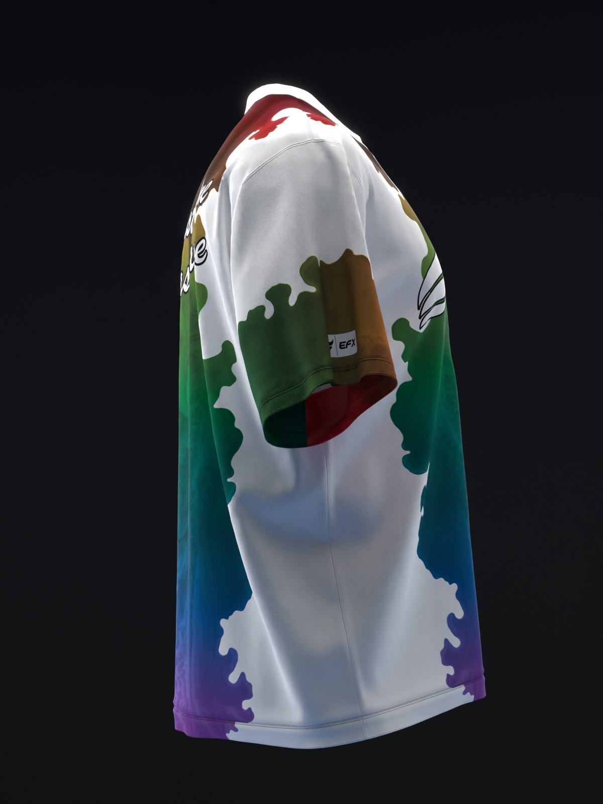 White bowling jersey with rainbow gradient sleeves and abstract ink splatter design