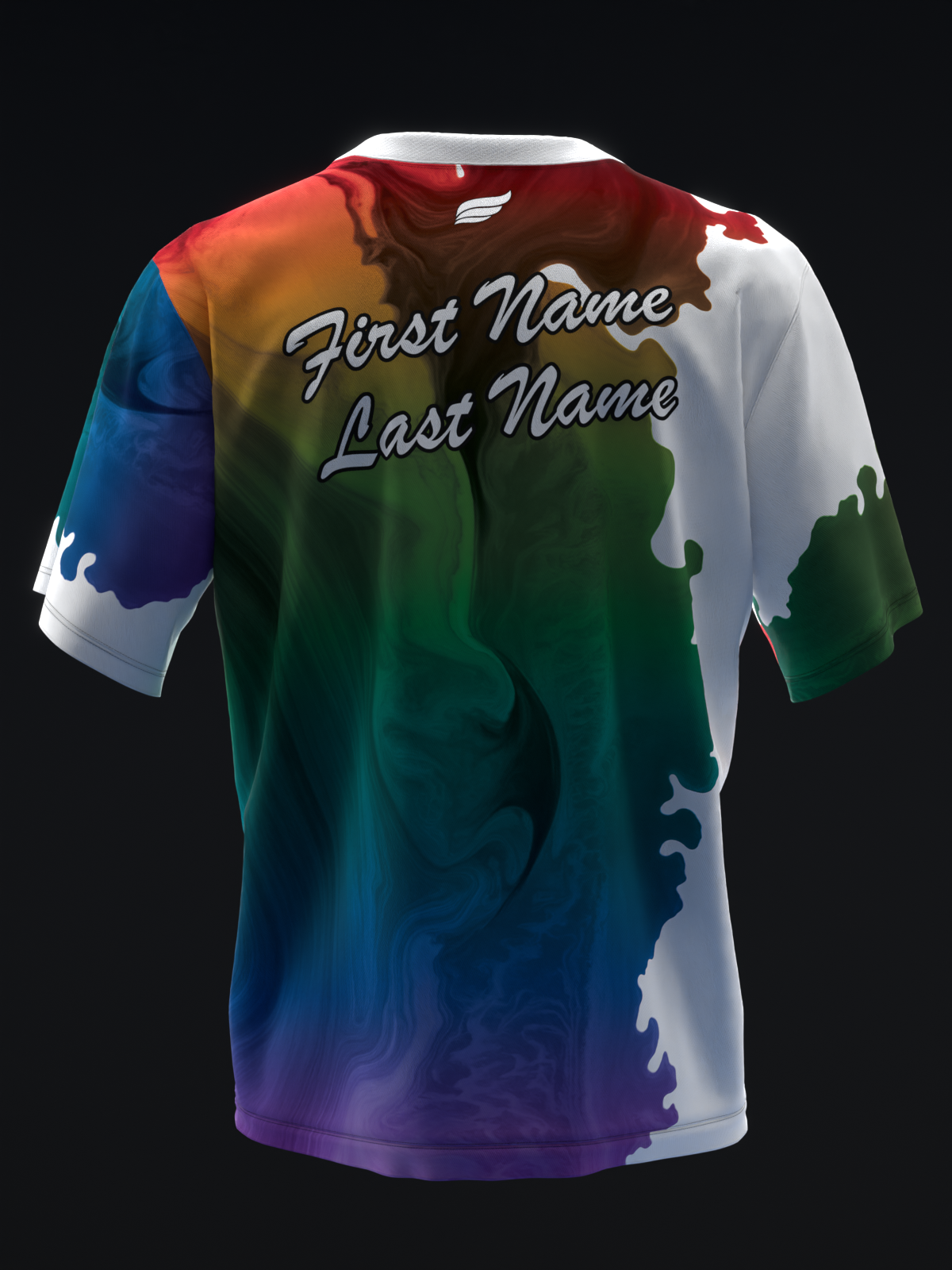 Bowling jersey with rainbow gradient and liquid ink design, customizable name text