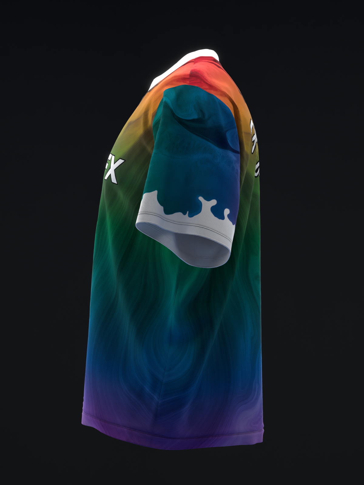 Rainbow gradient bowling jersey with white graphic design and text on sleeve