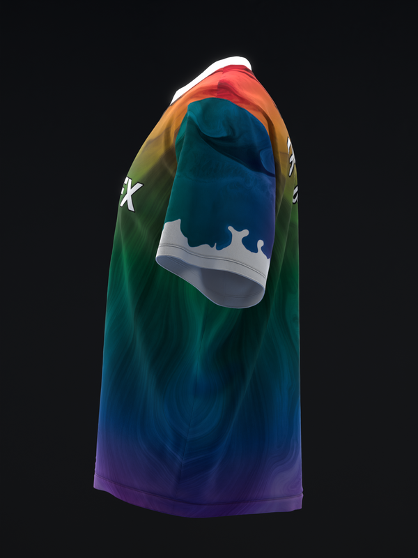 Rainbow gradient bowling jersey with white graphic design and text on sleeve
