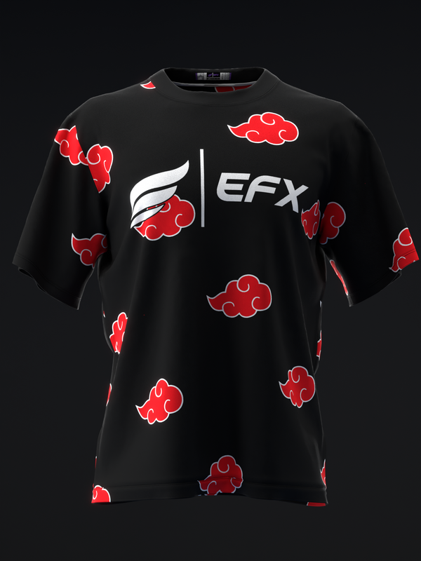 Black bowling jersey with red cloud pattern and white EFX logo, front view