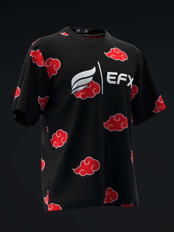 Black bowling jersey with red cloud pattern and white EFX logo, front view
