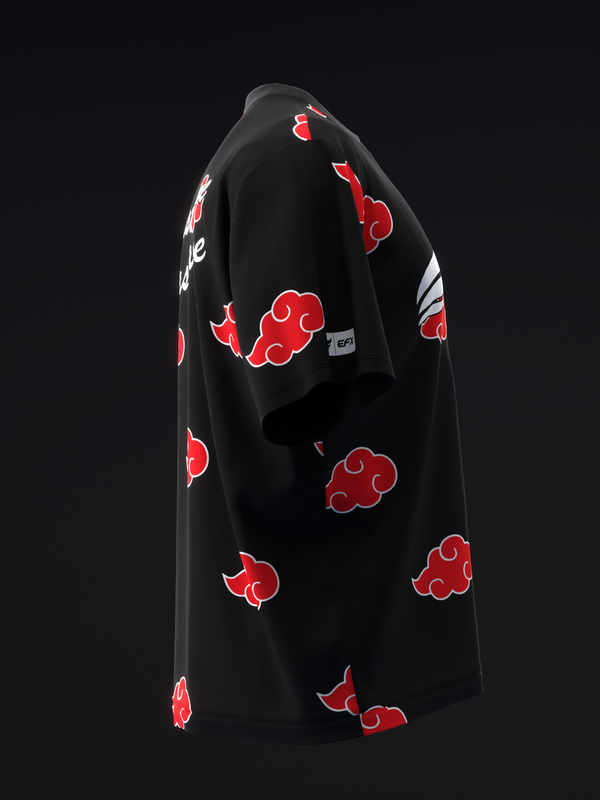 Black bowling jersey with red cloud pattern allover and white sleeve stripes