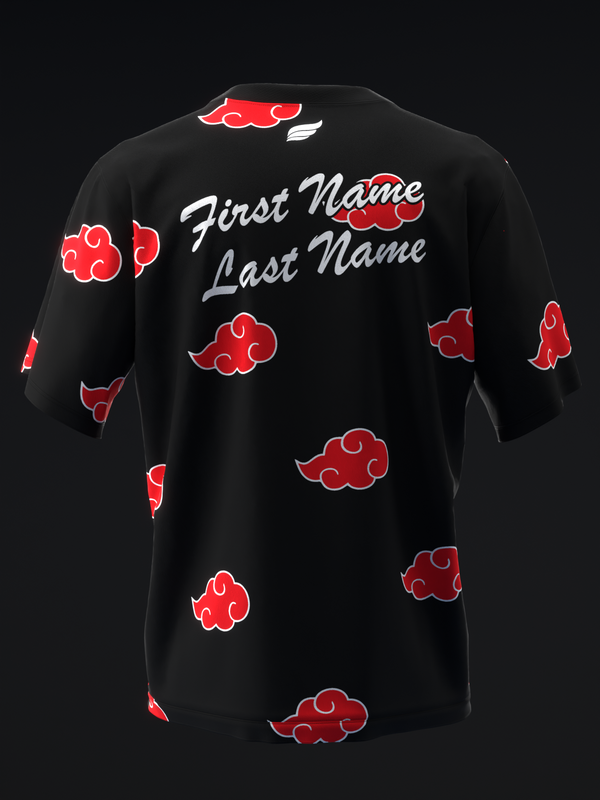 Black bowling jersey with red cloud graphics and personalized name text back view