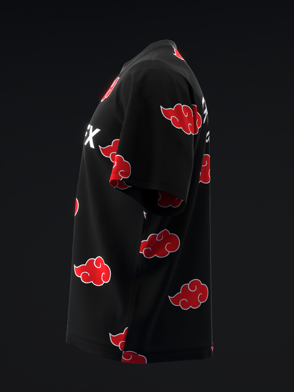 Black bowling jersey with red cloud graphic pattern, back view