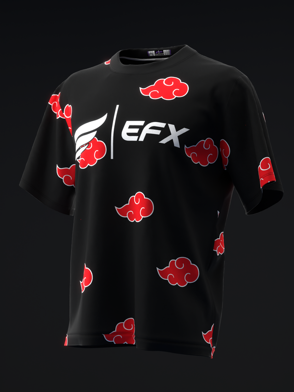 Black bowling jersey with red cloud pattern and white EFX logo, front view