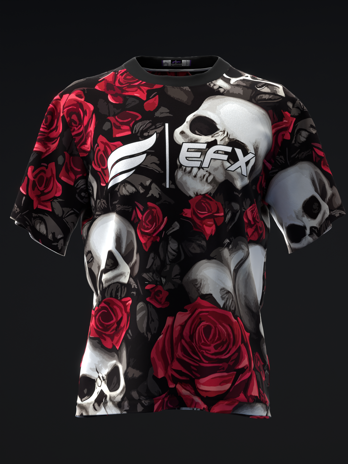 Black bowling jersey with red roses and white skulls throughout, front view