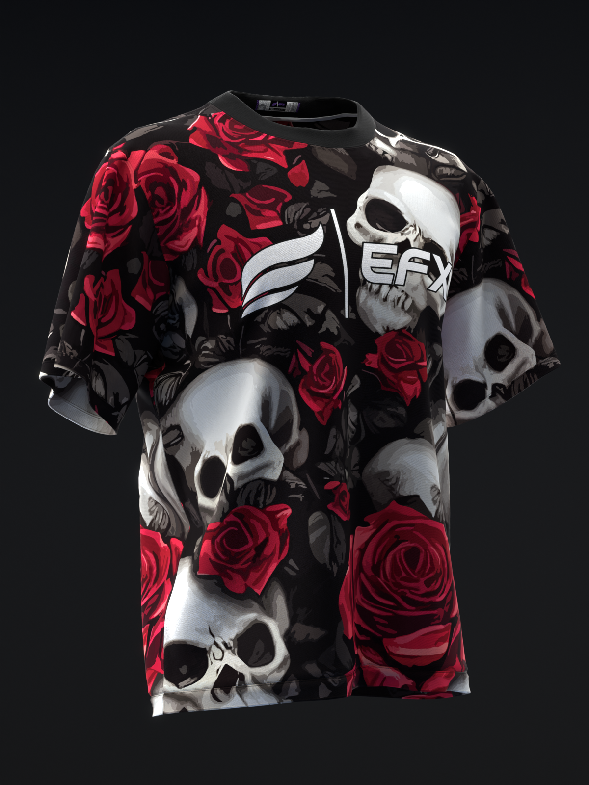 Black bowling jersey with red roses and white skulls throughout, front view