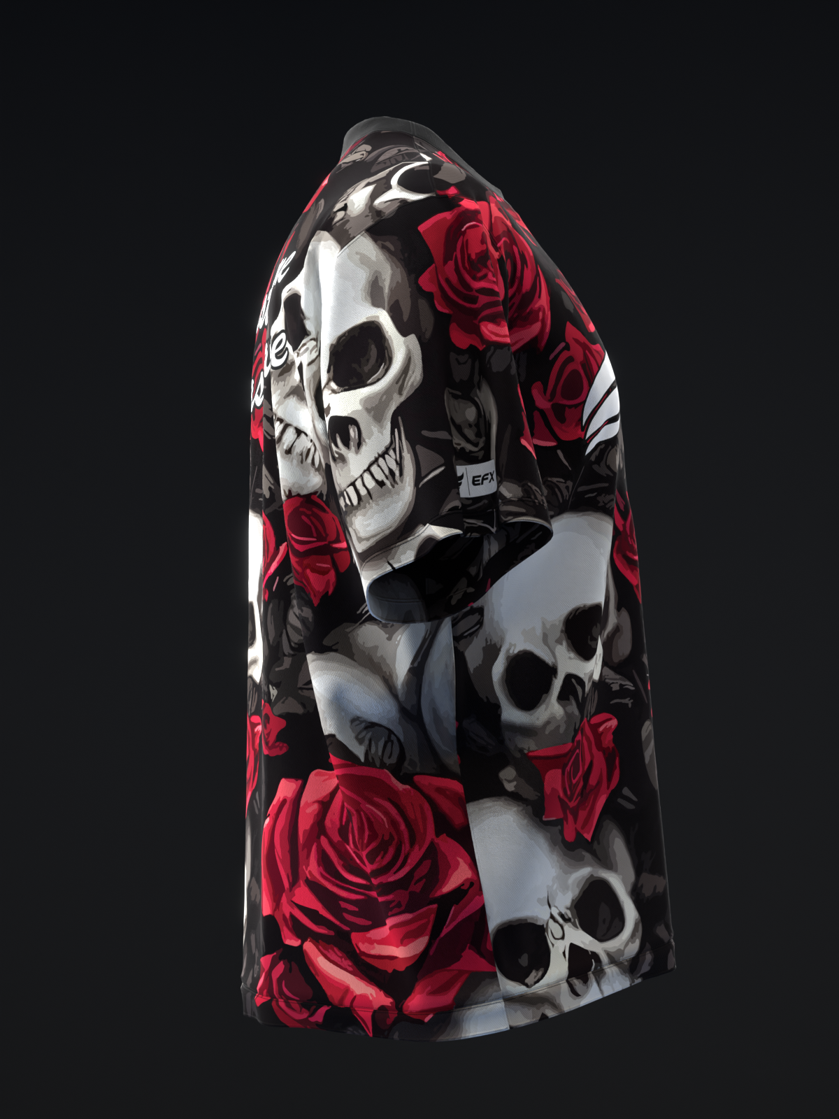 Black bowling jersey with red roses and white skulls throughout, front view