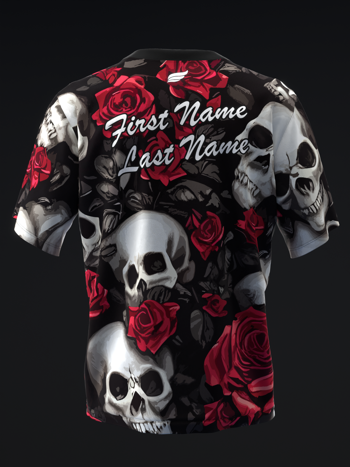 Black bowling jersey with red roses and white skulls, personalized text visible