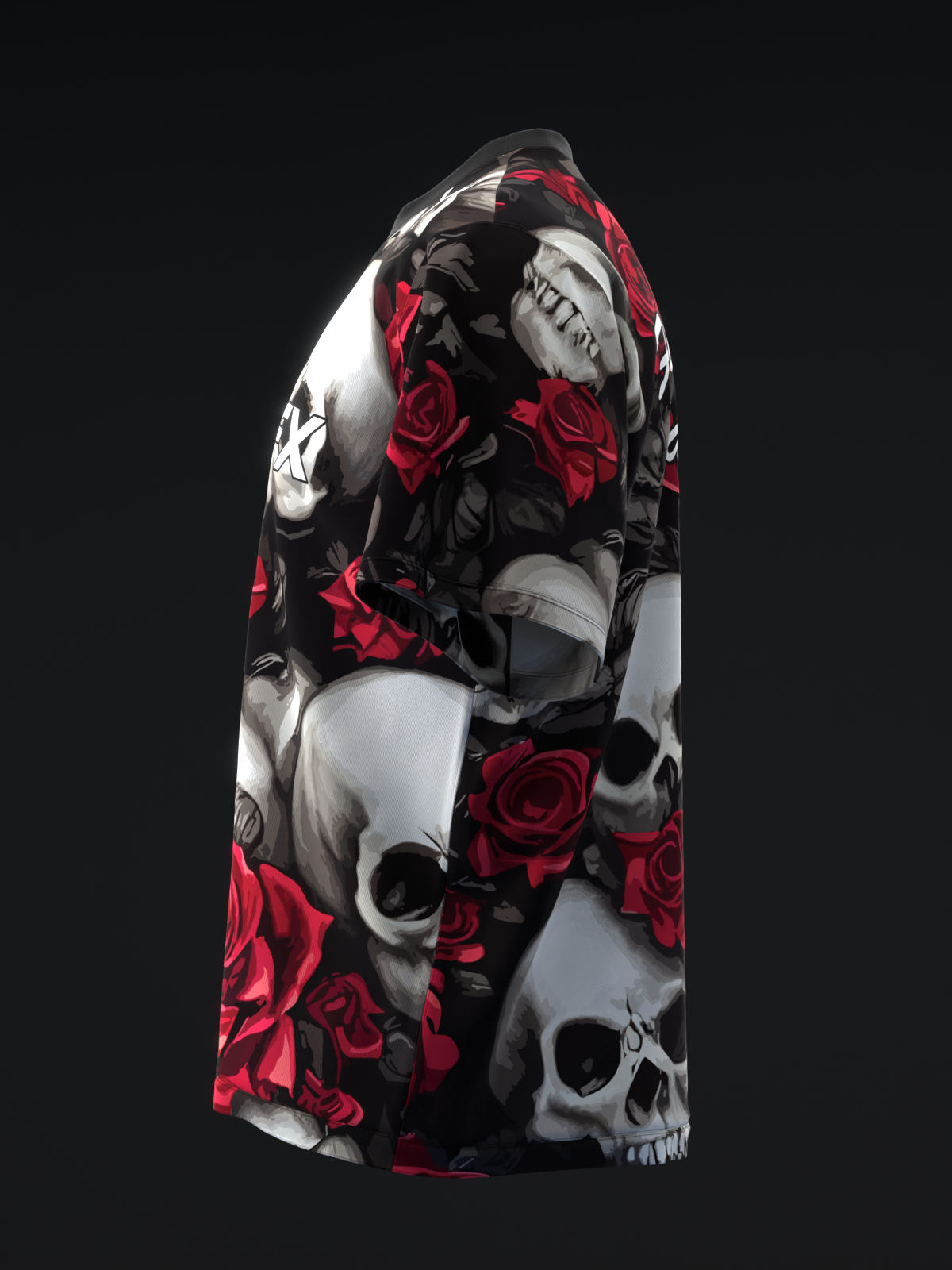 Black bowling jersey with red roses and white skulls throughout, front view