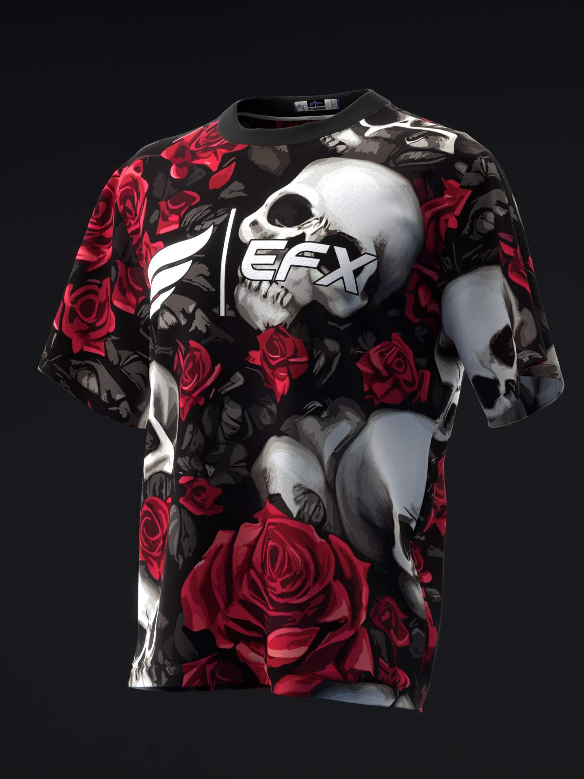 Black bowling jersey with red roses and white skulls graphic, front view