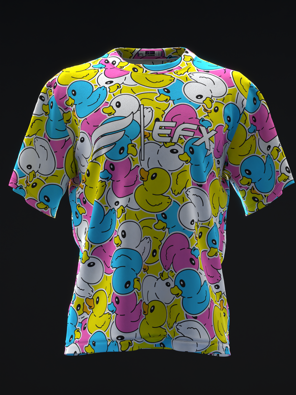 Colorful bowling jersey with repeating rubber duck pattern in yellow, blue, pink, and gray