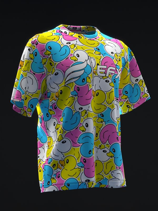 Bowling jersey front view with colorful rubber duck all-over print pattern