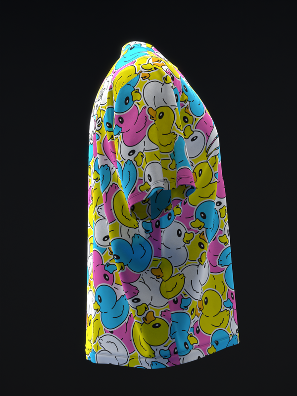 Colorful bowling jersey with repeating rubber duck pattern in yellow, pink, blue, and white