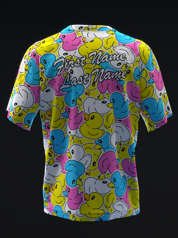 Bowling jersey back with colorful rubber duck allover print pattern