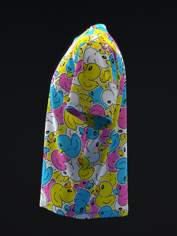 Bowling jersey with colorful rubber duck allover print on white background, side view