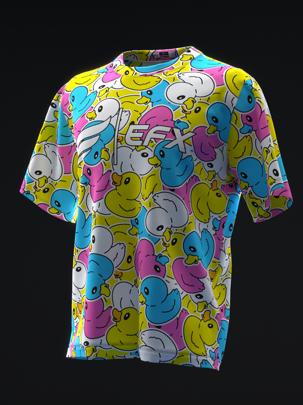 Bowling jersey with multicolored rubber duck allover print on yellow base