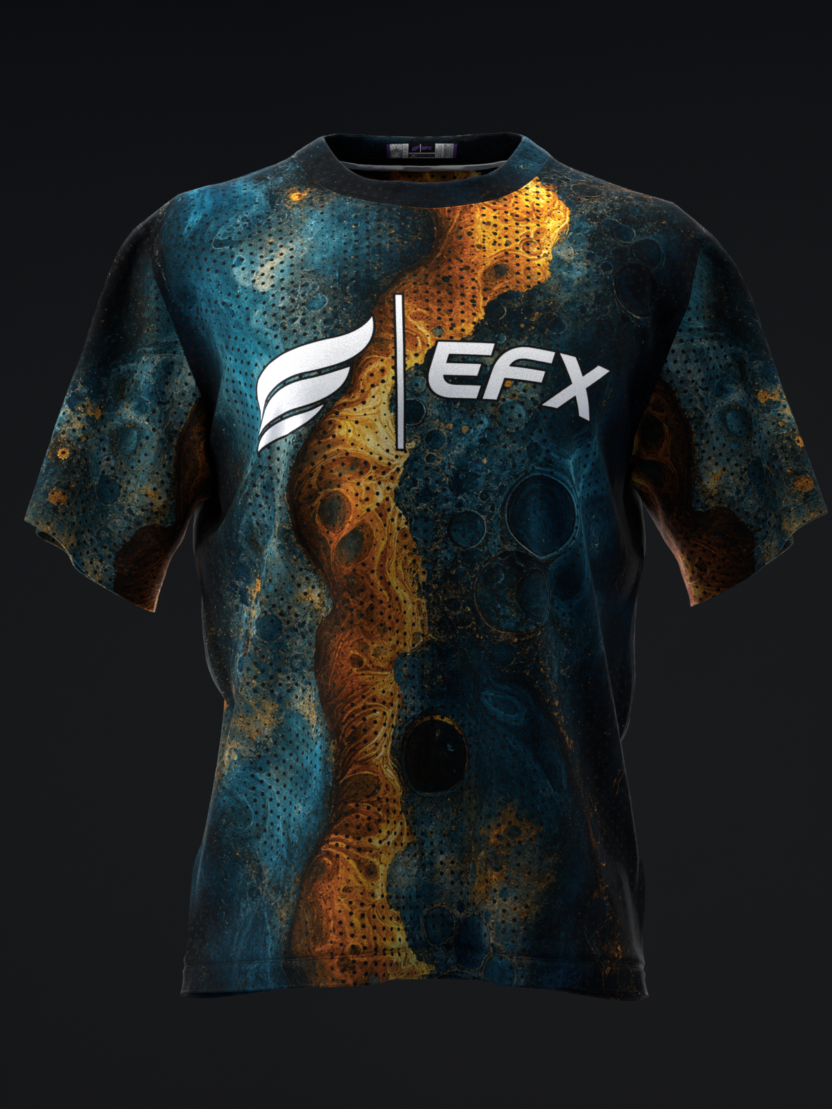 Black bowling jersey with teal and orange grunge texture and EFX logo design