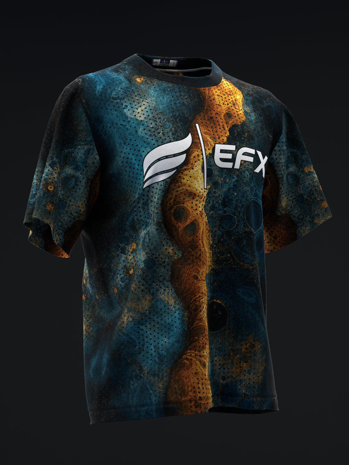 Front view of teal and gold grunge bowling jersey with EFX logo