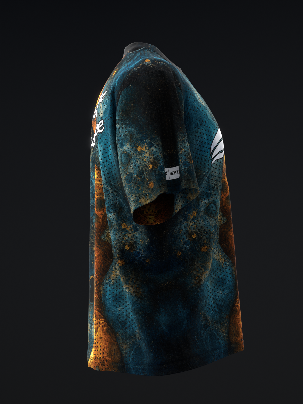 Teal and rust grunge bowling jersey with distressed texture, side view
