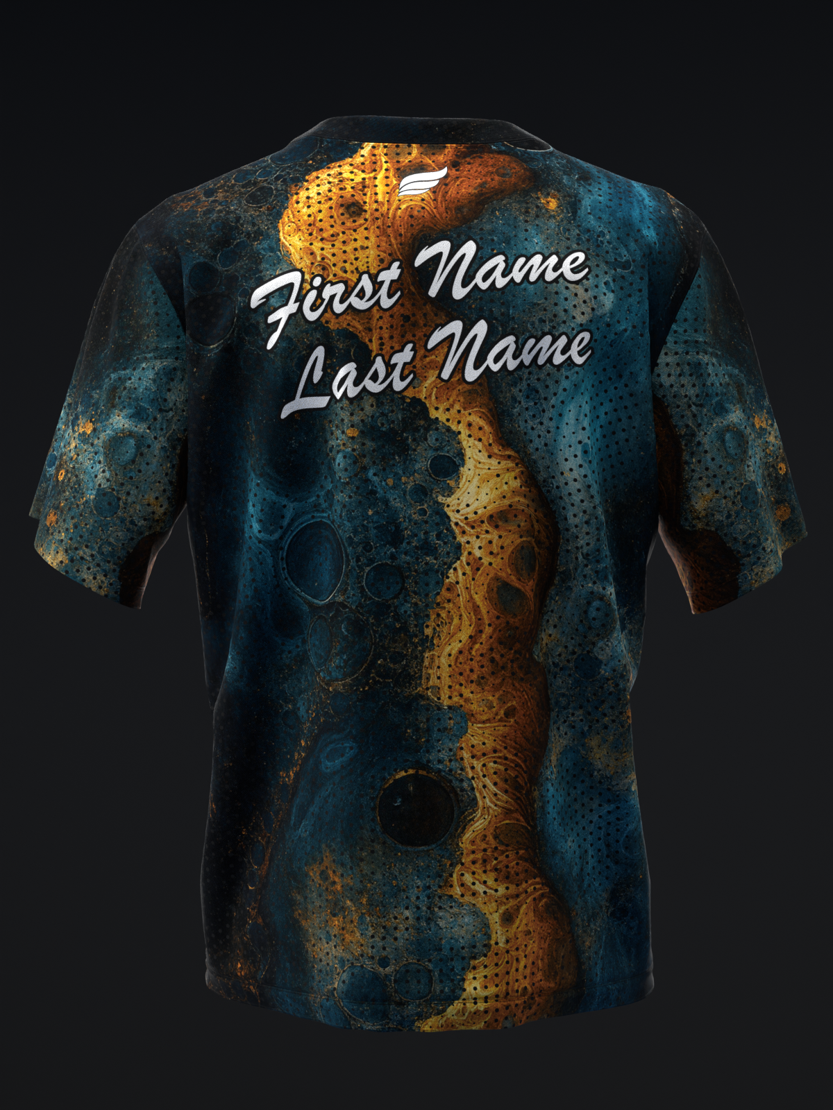 Back view of bowling jersey with teal and gold grunge texture and personalization text