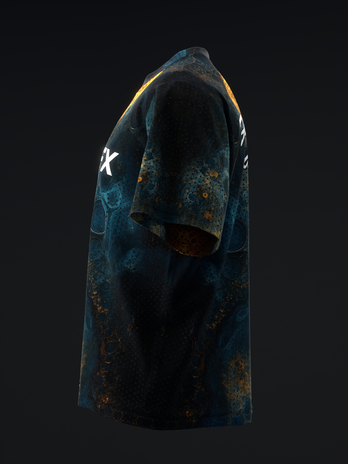 Dark teal bowling jersey with distressed grunge texture and white graphic detail