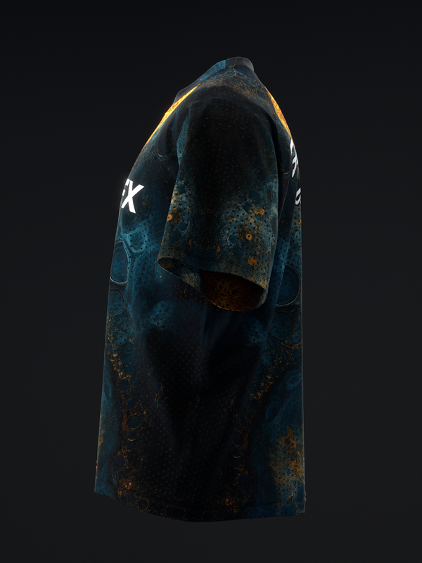 Dark teal bowling jersey with distressed grunge texture and white graphic detail