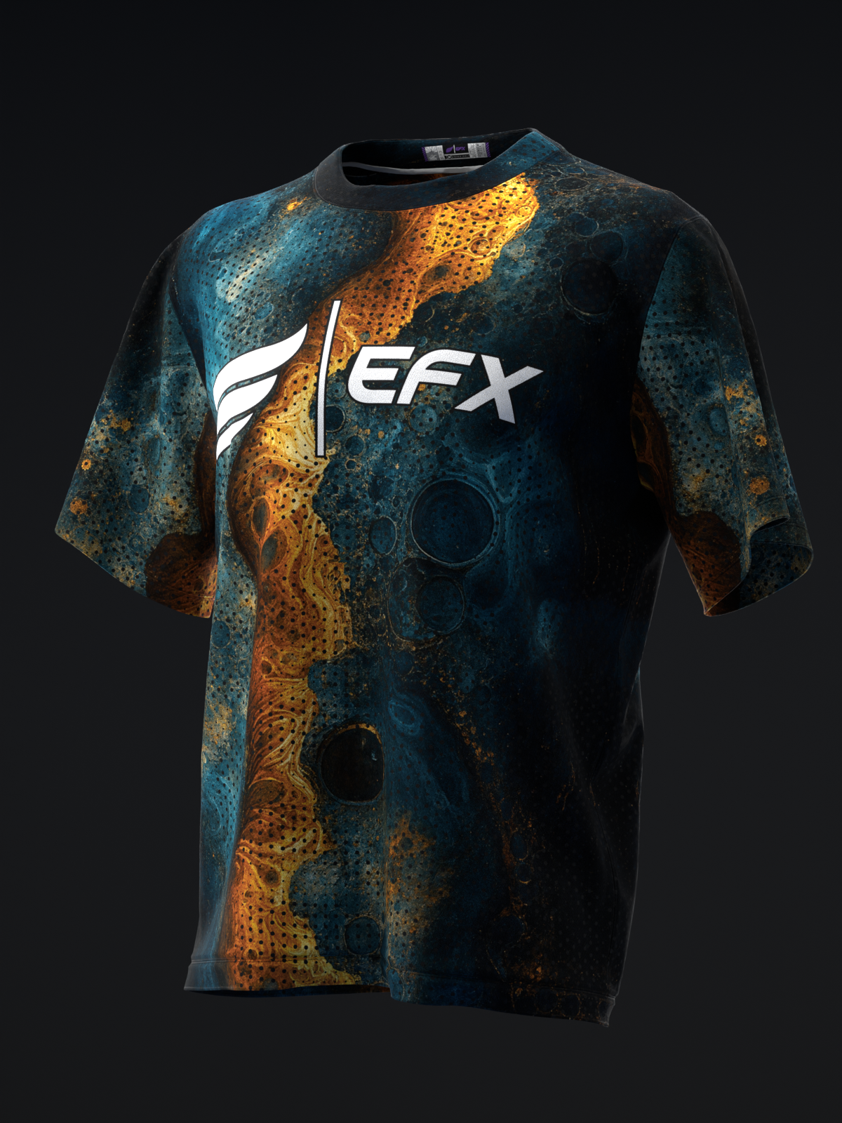 Black bowling jersey with blue and orange grunge texture pattern and EFX logo