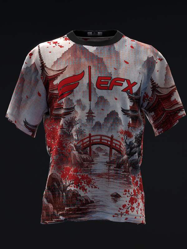 Red and gray bowling jersey with Asian landscape and EFX logo design, front view
