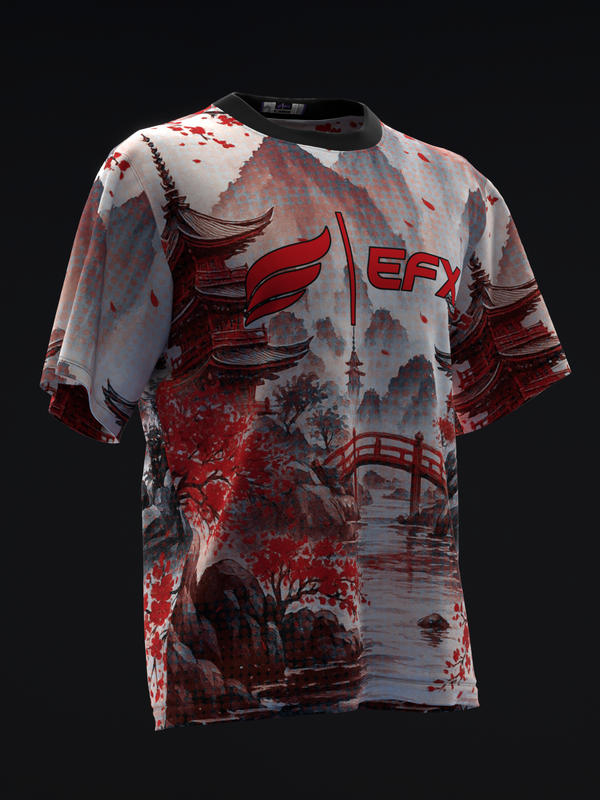 Red and white bowling jersey with Asian landscape graphic and EFX logo