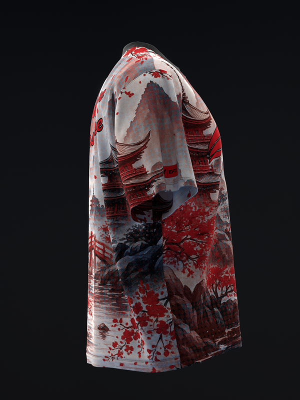 Red and white bowling jersey with Asian landscape graphic, side view