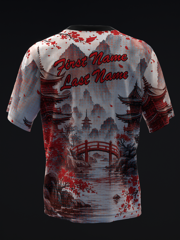 Red and white bowling jersey with Asian landscape design and name customization areas
