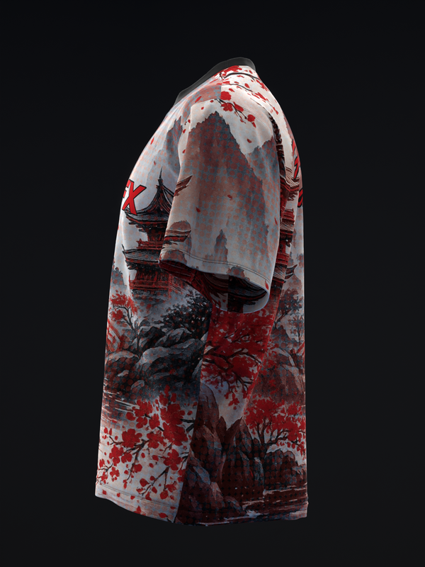 White bowling jersey with red and dark red Asian landscape graphic design, side view
