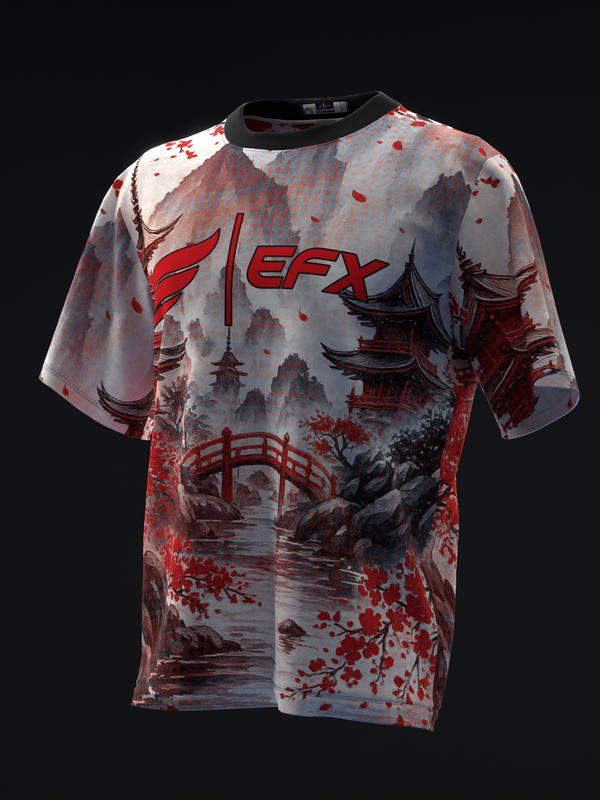 Red and gray bowling jersey with East Asian temple landscape graphic, front view