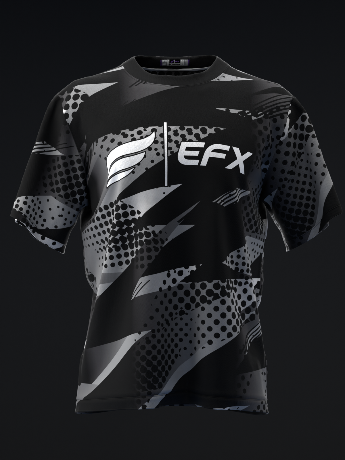 Black bowling jersey with gray halftone dot pattern and EFX logo, front view