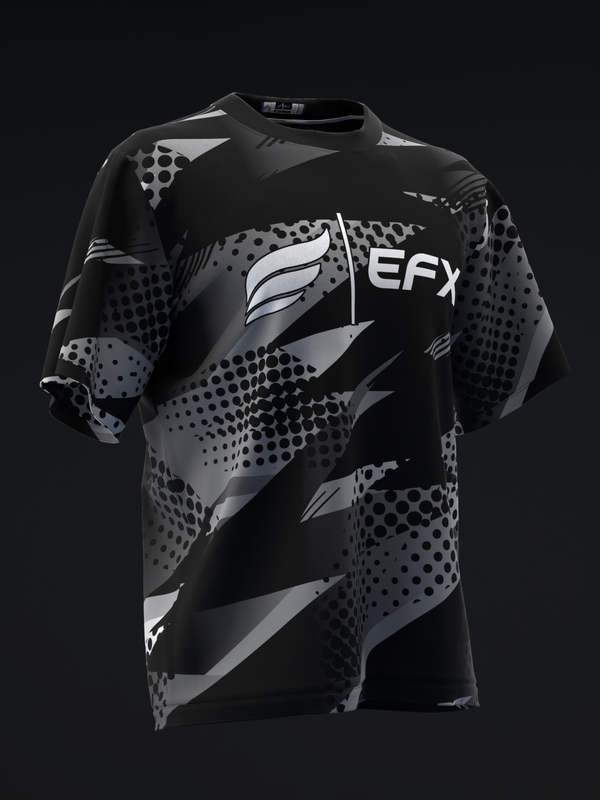 Black bowling jersey with gray geometric pattern and EFX logo, front view