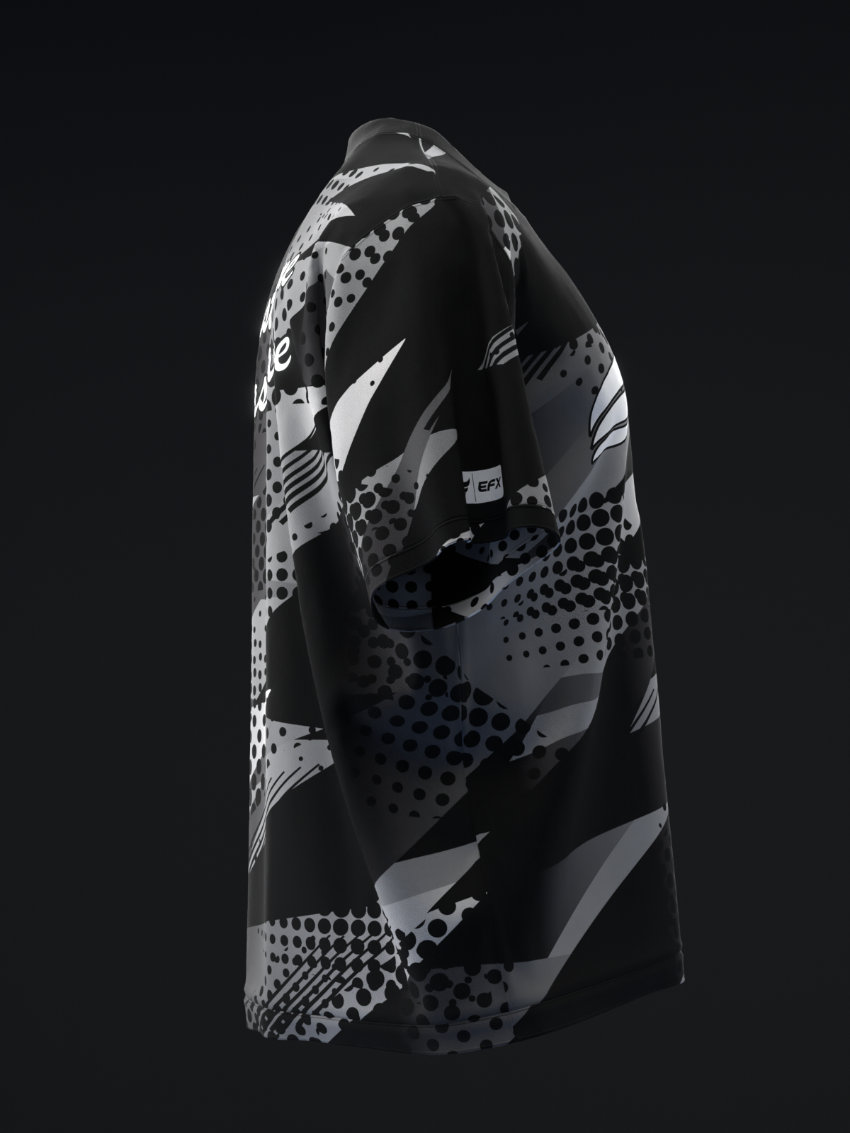 Black bowling jersey with gray and white abstract geometric pattern, side view