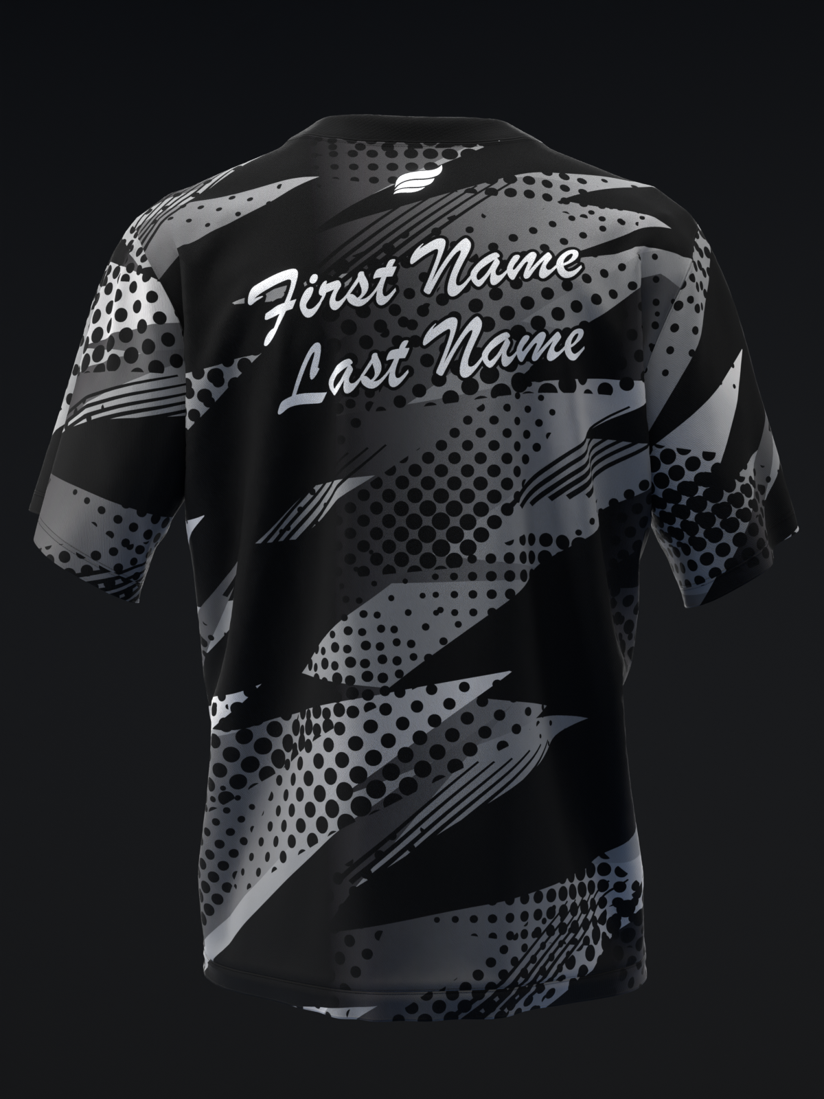 Black bowling jersey with gray geometric pattern and personalized name placement on back
