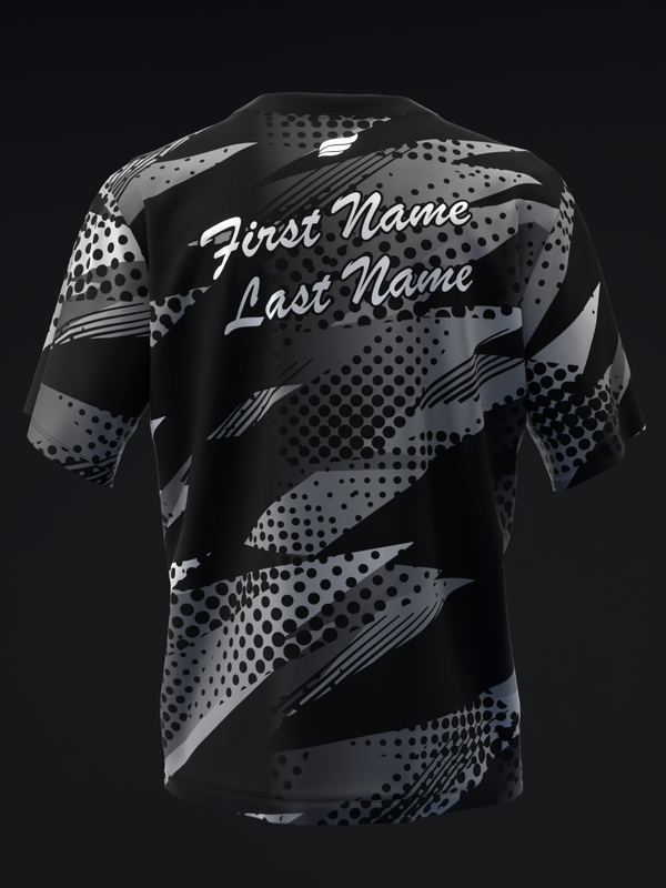 Black bowling jersey with gray geometric pattern and personalized name placement on back